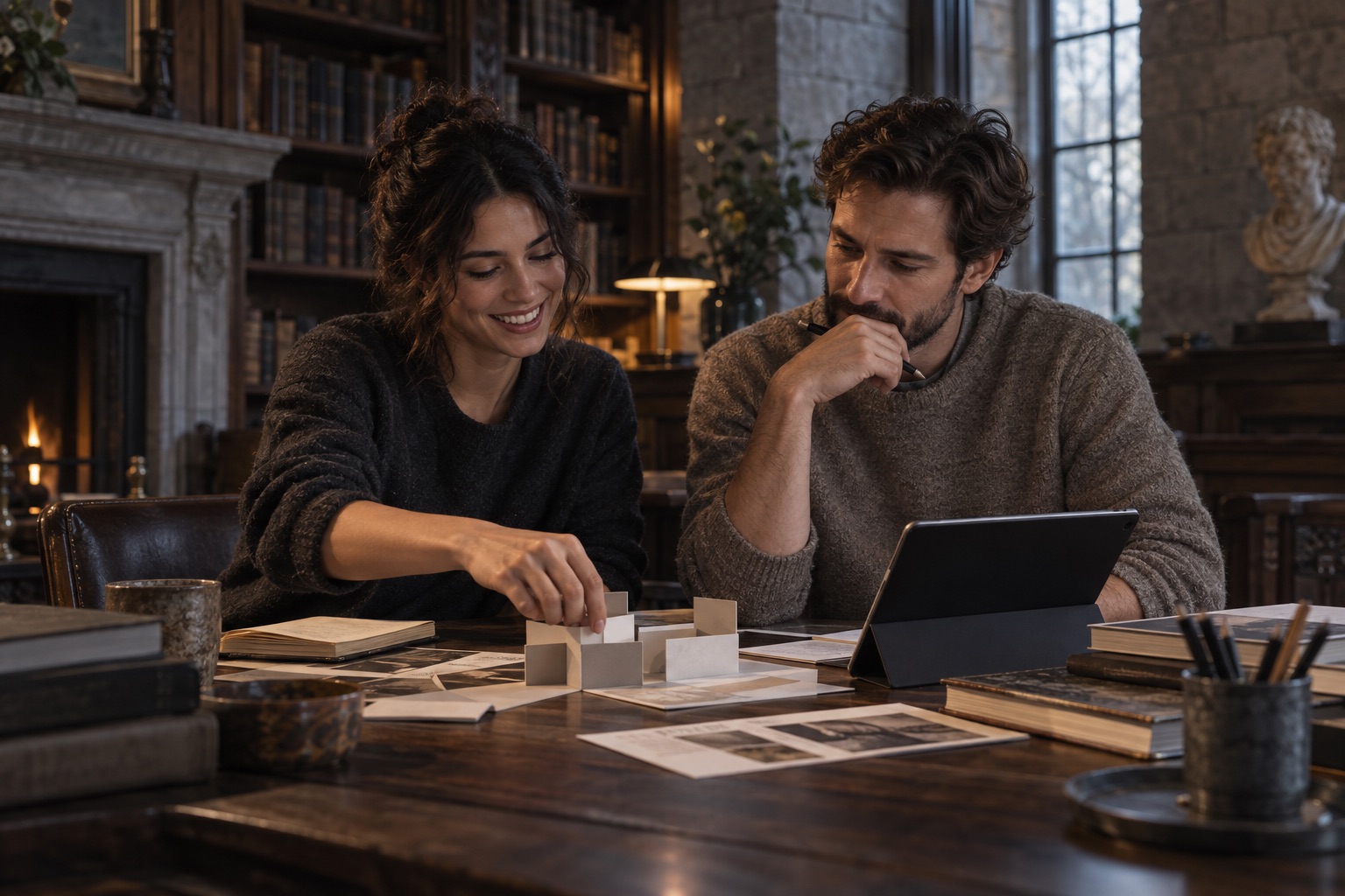 An imagined scene of two adults learning with a tablet and paper prototype