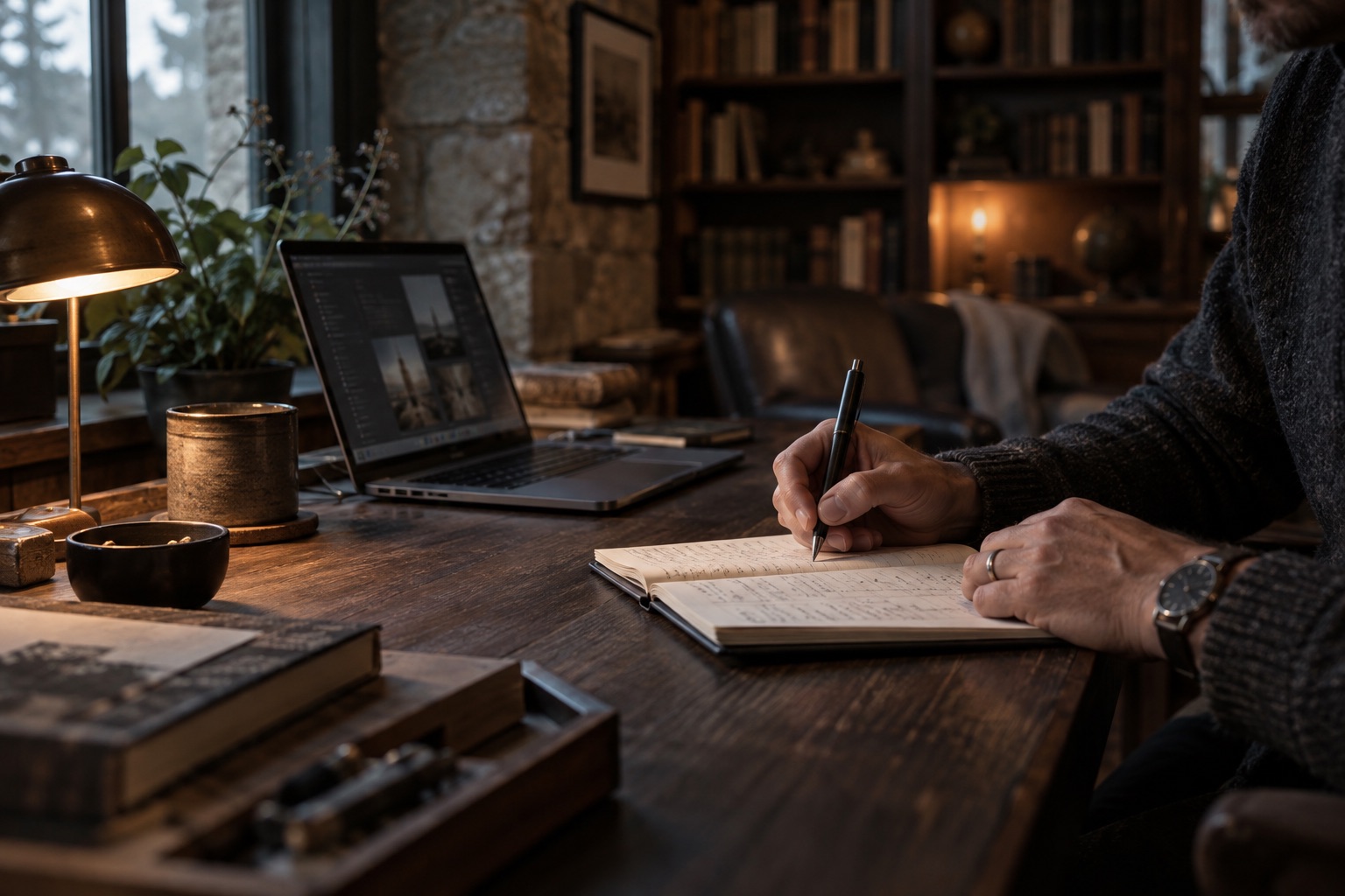 A person writing in a notebook beside a laptop